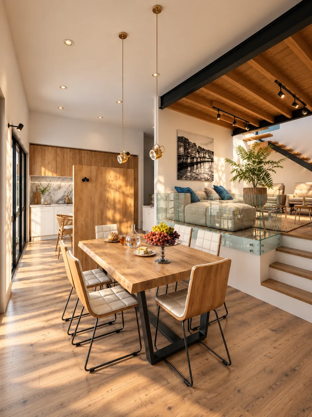 Visualización: Comedor y sala en distintos niveles en Casa en pendiente