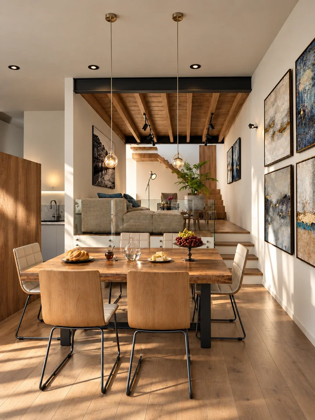 Visualización: Conexión entre comedor, estancia y escalera en Casa en pendiente