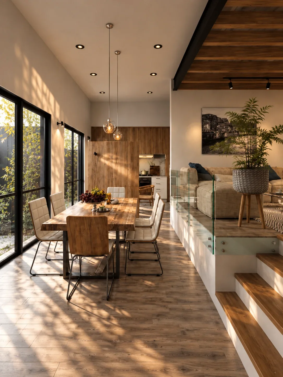 Visualización: Desniveles interiores y estructura de acero en Casa en pendiente