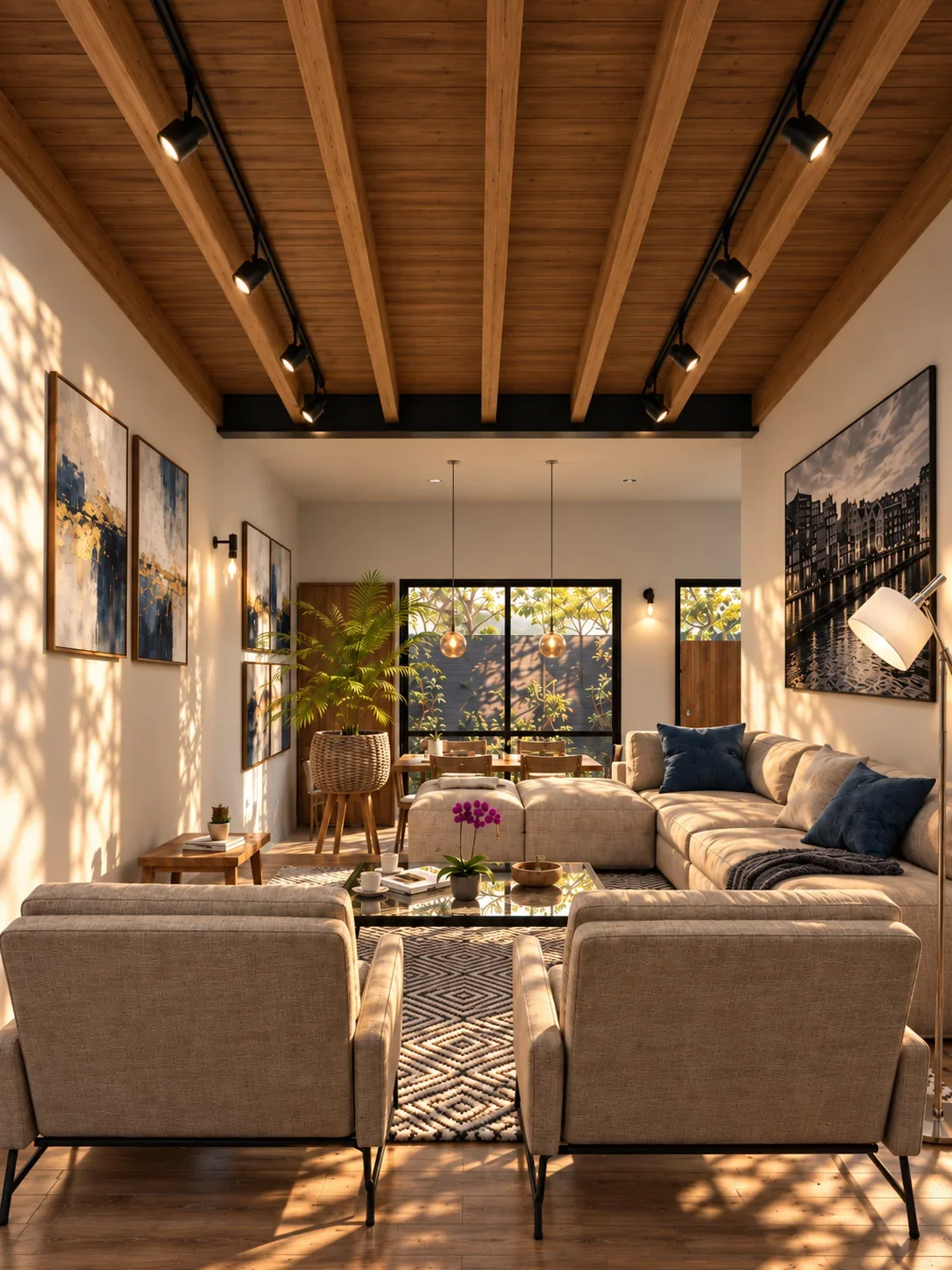 Visualización: Estancia con vigas de madera en Casa en pendiente