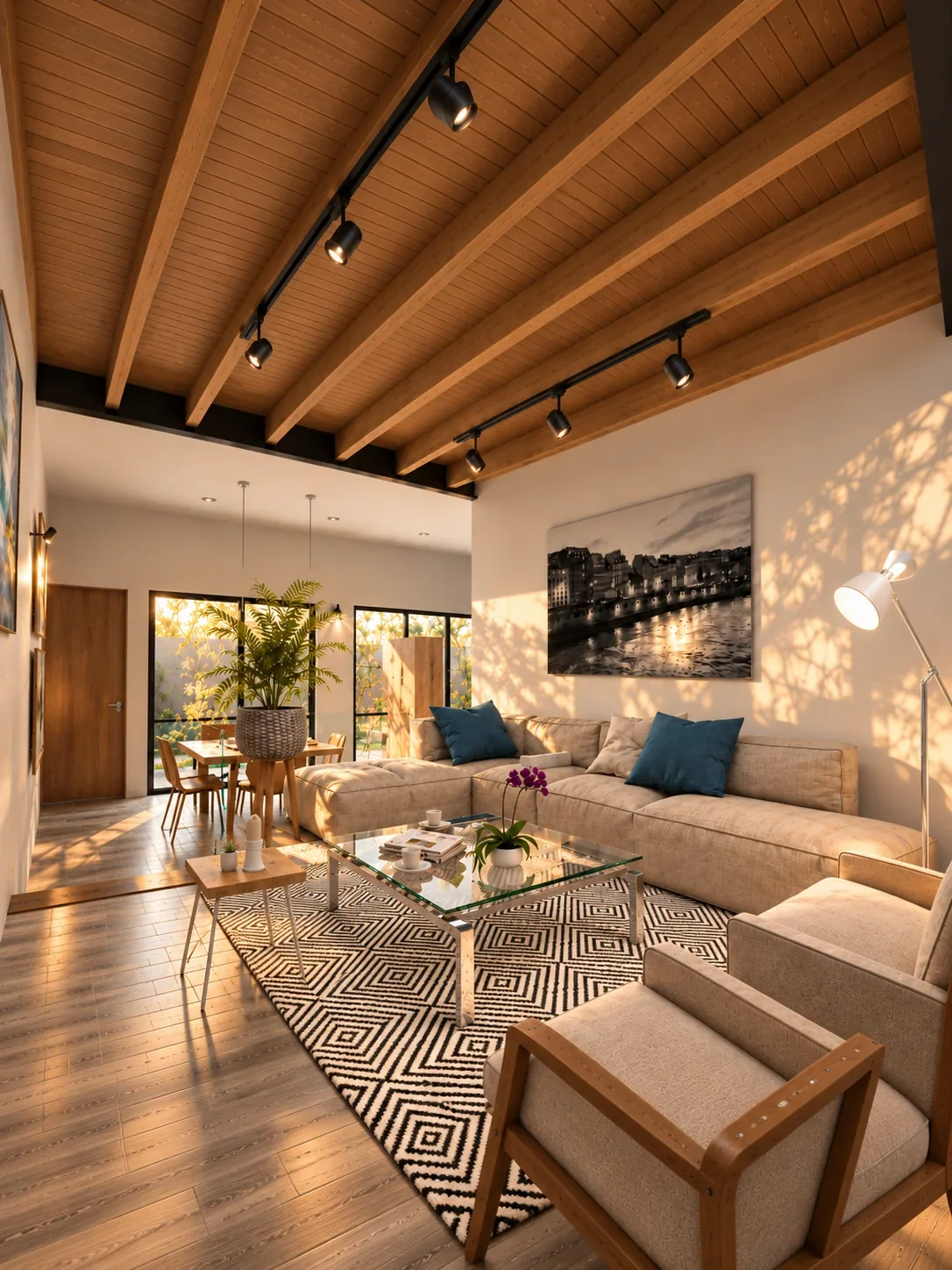 Visualización: Sala iluminada con cubierta de madera en Casa en pendiente