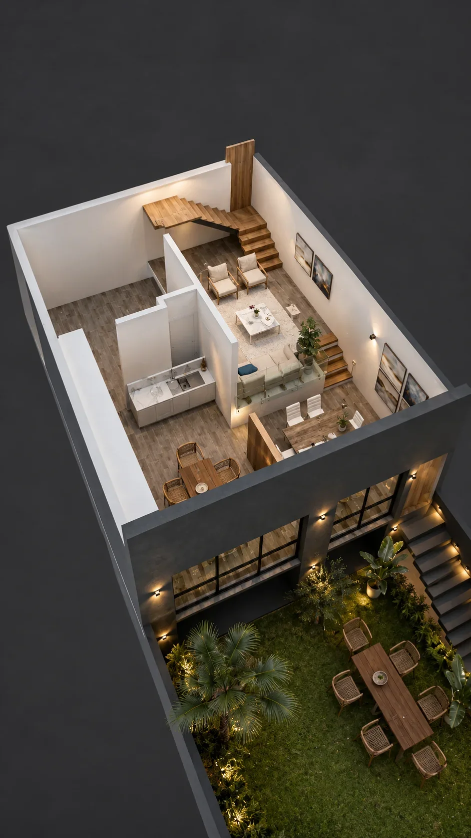 Visualización: Vista general de la distribución y jardín de Casa en pendiente