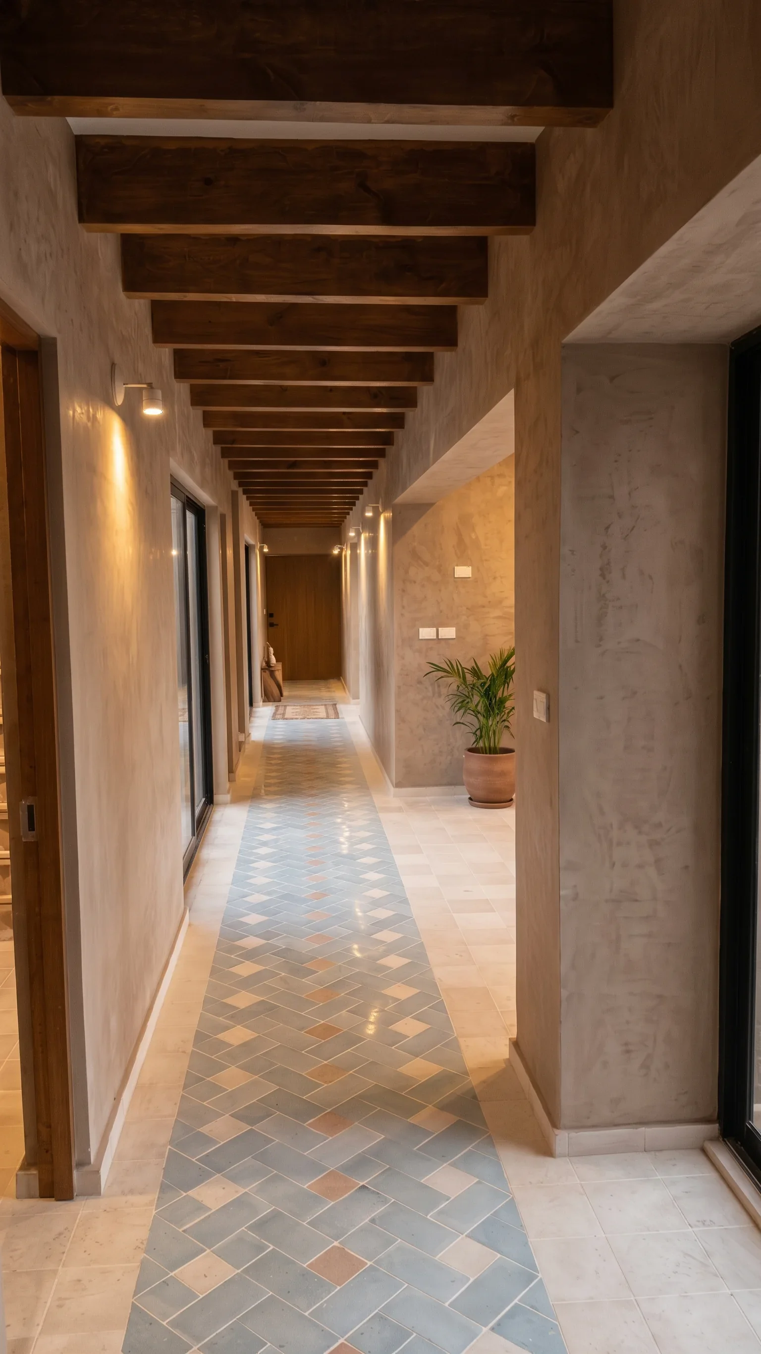 Corredor con mosaico y vigas de madera en Casa Pixquiac