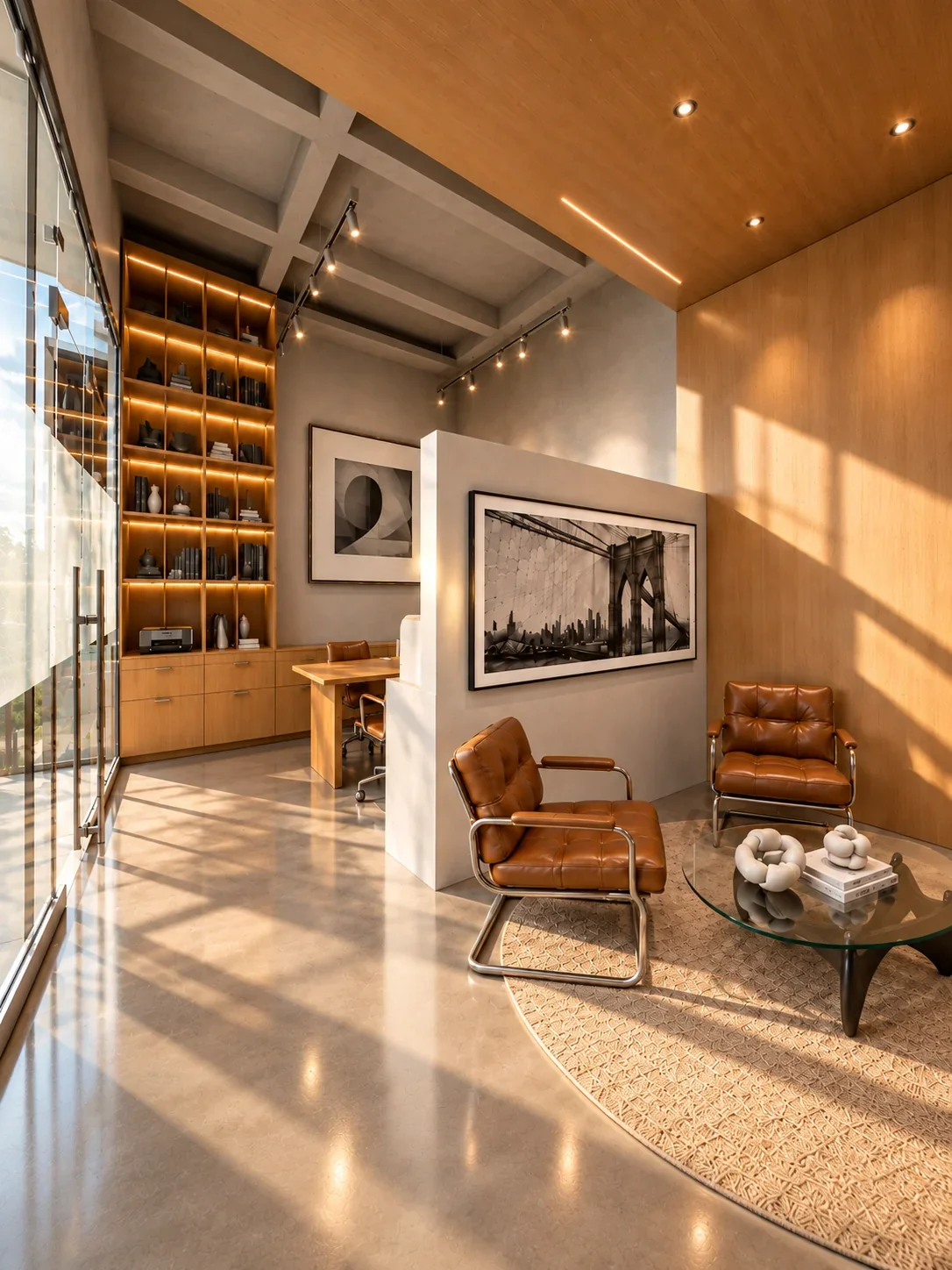 Visualización: Área de recepción y estar en Oficinas Torre JV