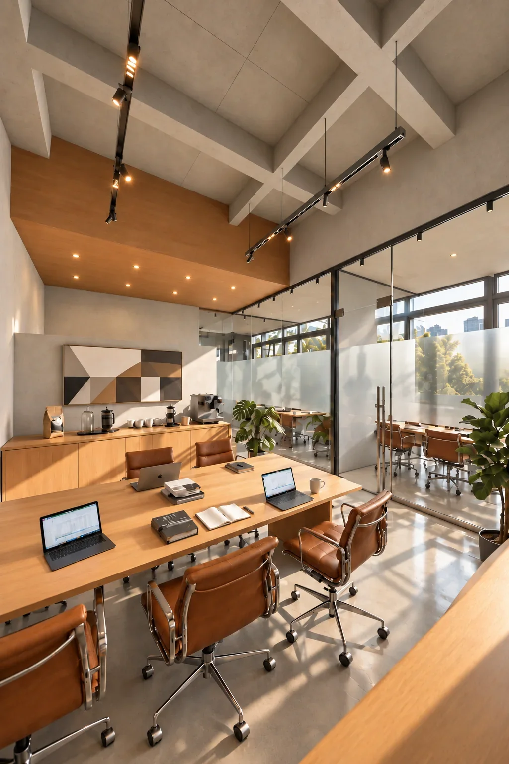 Visualización: Espacio de trabajo con madera e iluminación cálida en Oficinas Torre JV
