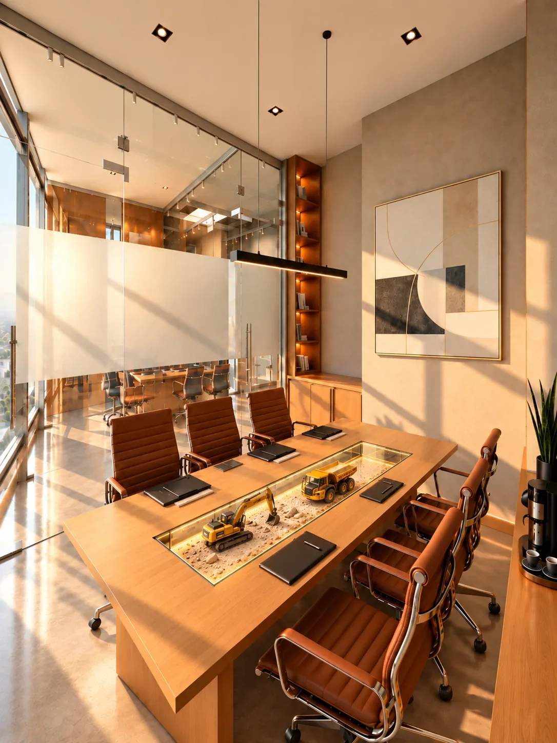 Visualización: Mesa de juntas con detalle central en Oficinas Torre JV