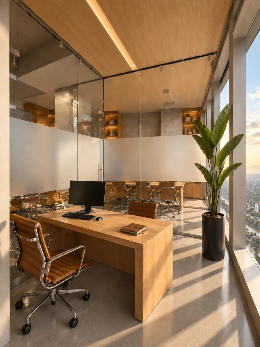 Visualización: Oficina privada junto a los ventanales en Torre JV